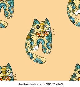 Multicolored funny hand drawn cats vector seamless pattern