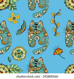 Multicolored funny hand drawn cats vector seamless pattern