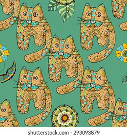 Multicolored funny hand drawn cats vector seamless pattern