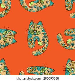 Multicolored funny hand drawn cats vector seamless pattern