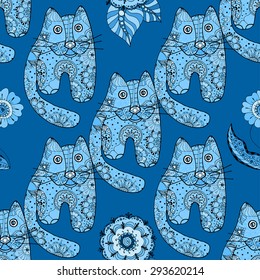 Multicolored funny hand drawn cats vector seamless pattern