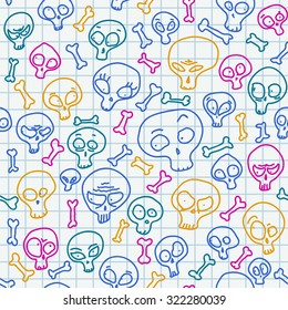 Multicolored funny hand drawn skulls showing misc emotions. Seamless pattern over school notebook page.