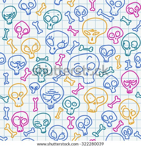 Multicolored funny hand drawn skulls showing misc emotions. Seamless pattern over school notebook page.
