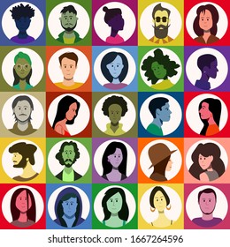 Multicolored funny icons of faces of people, men and women. Portraits in a flat style. Vector illustration.