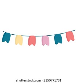 multicolored funny Party bunting. Flat flags for birthday background. Colored garland decoration on celebration banner. ornament hanging on rope. Carnival flags isolated. vector illustration