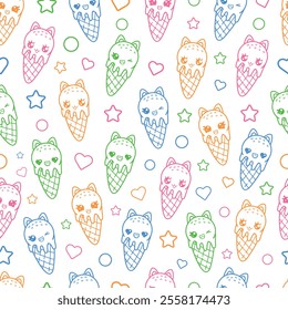 Multicolored funny seamless pattern with ice creams. Wrapping paper for sweet desserts in kawaii style. Vector illustration