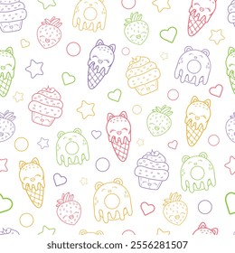  Multicolored funny seamless pattern with kawaii characters.Sweet desserts,vector illustration