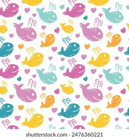 Multi-colored funny whales with hearts. Marine vector seamless pattern with whales and hearts.