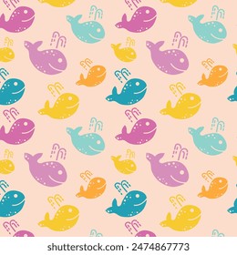 Multi-colored funny whales. Marine vector seamless pattern with whales.