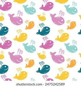 Multi-colored funny whales. Marine vector seamless pattern with whales.