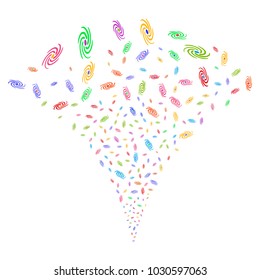 Multicolored Galaxy explosion fountain. Object fountain made from random galaxy icons as fireworks. Vector illustration style is flat iconic symbols with psychedelic colors.