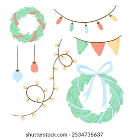Multi-colored garland with flags, with a doodle style ornament isolated on a white background. New Year's garland with light bulbs, Christmas wreath and Christmas tree toys. Christmas decorations.