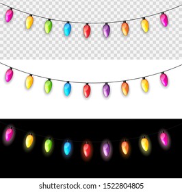 Multicolored Garland Lamp Bulbs Festive Isolated on Transparent, White, Black Background Vector Illustration EPS10