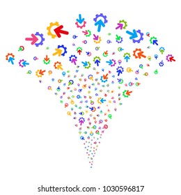 Multicolored Gear Integration stream fountain. Object fountain done from random gear integration icons as fireworks. Vector illustration style is flat iconic symbols with psychedelic colors.