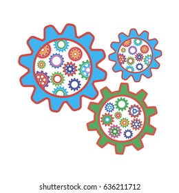 Multicolored gears on a white background. Metal gears set. Factory gears vector icon. Mechanical gear. The image of the gear. Machine gear. Cogwheel gear.