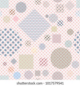 Multicolored geometric abstract polka dots pattern/ simply elements round square rhombus small and big