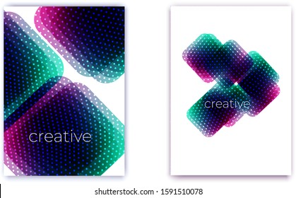 Multicolored geometric abstract shapes with glowing spots pattern. Dotted trendy techno arrow. Simple vector background on white. Vertical oriented template for cover, banner, presentation