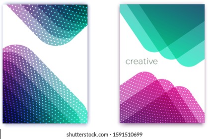Multicolored geometric abstract shapes with glowing spots pattern. Dotted trendy techno arrow. Simple vector background on white. Vertical oriented template for cover, banner, presentation