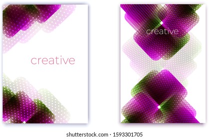 Multicolored geometric abstract shapes with glowing spots pattern. Dotted trendy techno arrow. Simple vector background on white. Vertical oriented template for cover, banner, presentation