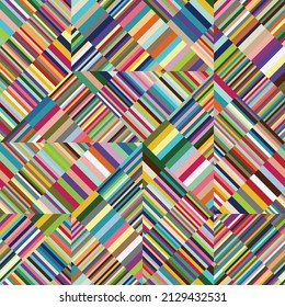 Multicolored geometric composition of diagonal lines and stripes. Mosaic with bright colors. Seamless repeating pattern. Vector illustration. Great as a background or texture.