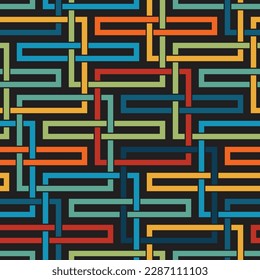 Multicolored geometric composition with interlaced squares and rectangles. Blue, red, and yellow lines on a black background. Modern style. Seamless vector pattern. Graphic texture.