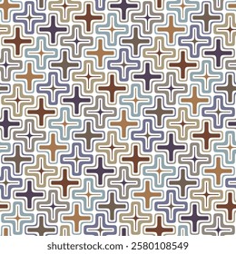 Multicolored geometric composition with modular cross-shaped elements, isolated and repeated on a white background. Trendy and modern design. Seamless repeating pattern. Abstract vector illustration.