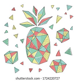 Multicolored geometric exotic tropical pineapple illustration.Hand draw fruit set ananas. Summer element for print, fabric, textille and background.