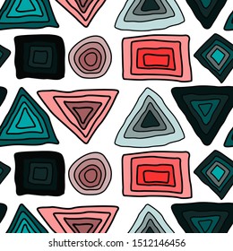 Multi-colored geometric figures vector illustration. Triangle tribal pattern. Ethnic vector background. Vector doodle background. Ornamental seamless print. Decorative ornament. Trendy vintage style