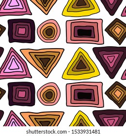 Multi-colored geometric figures vector illustration. Triangle tribal pattern. Ethnic vector background. Vector doodle background. Ornamental seamless print. Decorative ornament. Trendy vintage style