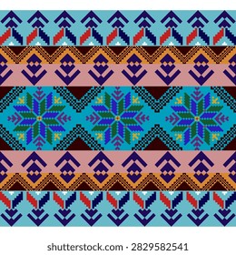 Multicolored Geometric Folk Textile Design Featuring Repeating Diamonds, Arrows, Floral Symbols, and Decorative Border Patterns