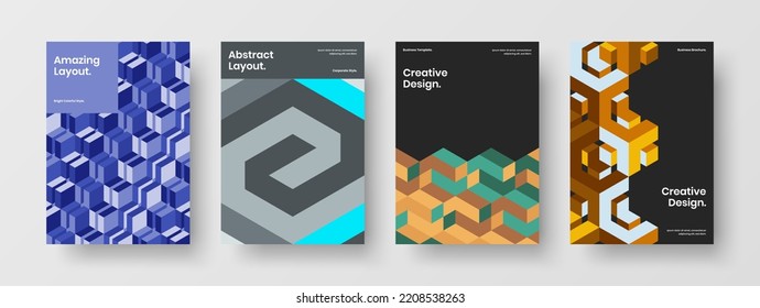 Multicolored geometric hexagons annual report concept set. Creative placard design vector template bundle.