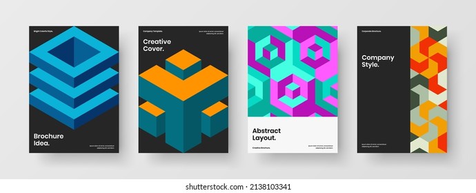 Multicolored geometric hexagons catalog cover template bundle. Modern company identity A4 vector design layout set.