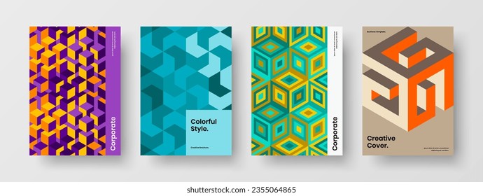 Multicolored geometric hexagons corporate identity layout composition. Colorful company brochure design vector illustration set.