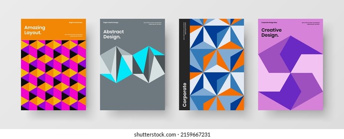 Multicolored geometric hexagons handbill illustration bundle. Colorful company cover design vector concept set.