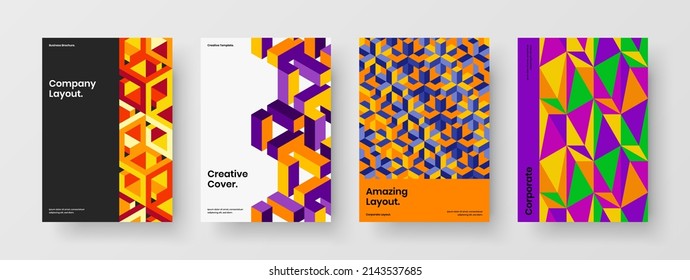 Multicolored geometric hexagons journal cover illustration bundle. Fresh flyer A4 vector design concept collection.