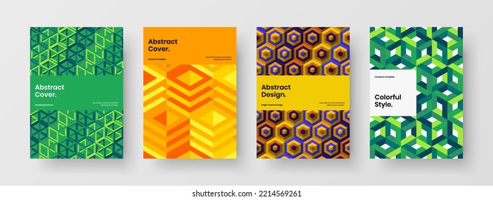 Multicolored Geometric Hexagons Journal Cover Template Bundle. Premium Corporate Identity A4 Design Vector Illustration Set.