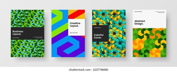 Multicolored geometric hexagons magazine cover template composition. Clean placard design vector illustration bundle.