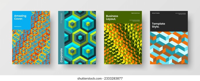 Multicolored geometric hexagons pamphlet concept bundle. Clean front page vector design layout collection.