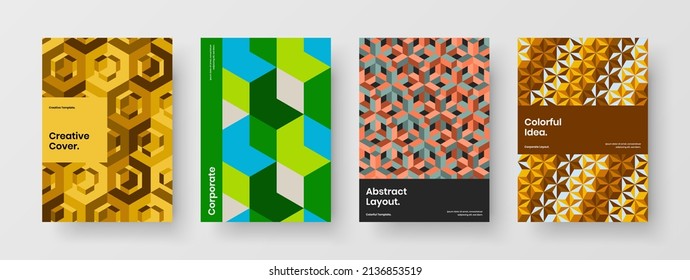 Multicolored geometric hexagons placard concept set. Abstract leaflet A4 vector design layout composition.