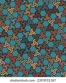 Multicolored geometric mesh with wavy lines and swirls. Abstract background. Geometric striped ornament. Modern design. Seamless repeating pattern. Vector illustration.