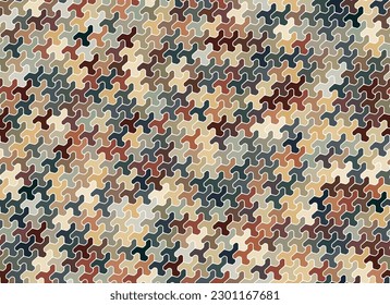 Mosaico geométrico multicolor con baldosas entrelazadas en gris, marrón y verde. Patrón de repetición sin inconvenientes. Imagen vectorial. Excelente como textura, fondo, papel envolvente y textil.