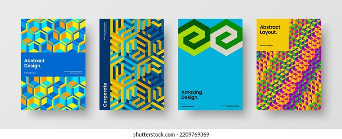 Multicolored geometric pattern banner illustration set. Modern annual report A4 design vector concept bundle.