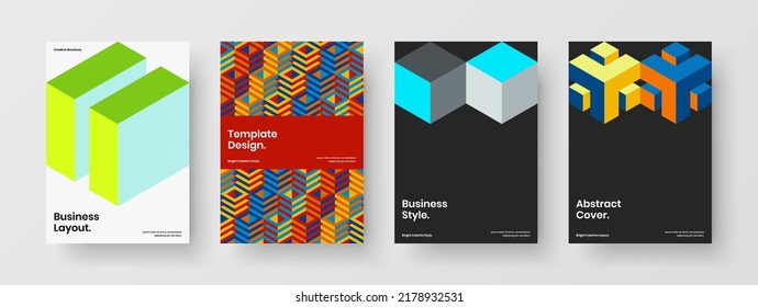 Multicolored geometric pattern corporate identity template set. Clean booklet design vector concept bundle.