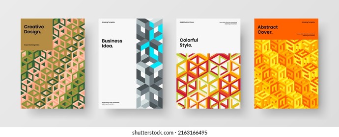 Multicolored geometric pattern front page template composition. Clean flyer A4 design vector concept bundle.