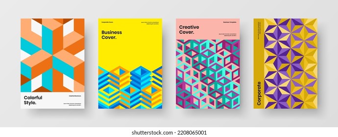 Multicolored geometric pattern postcard illustration set. Trendy placard A4 vector design layout composition.