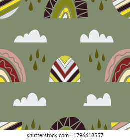 multicolored geometric rainbows, clouds and raindrops on a dark gray background. square vector seamless sky illustration in scandinavian style