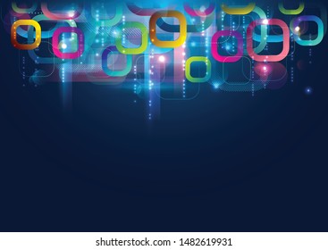 Multi-colored geometric rounded squares are moving on space blue background.