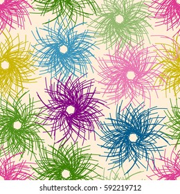 Multicolored geometric seamless pattern with abstract unusual shapes on beige background.