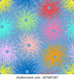 Multicolored geometric seamless pattern with abstract unusual shapes on blue background.