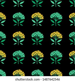 Multicolored geometric seamless pattern with bright viburnum berries and tiny leaves on dark background. Repeat symmetrical botanical pattern. Vector illustration.